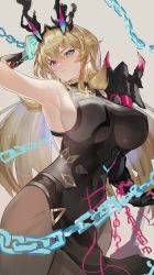 Rule 34 | 1girl, absurdres, arm behind head, arm up, armor, armpits, bare shoulders, black dress, blonde hair, blue eyes, breasts, brown pantyhose, chain, covered navel, dress, barghest (fate), barghest (second ascension) (fate), fate/grand order, fate (series), gauntlets, heterochromia, highres, horns, large breasts, long hair, looking at viewer, pantyhose, pauldrons, pelvic curtain, plaster (2501), red eyes, shoulder armor, sideboob, single gauntlet, single pauldron, solo, thighs