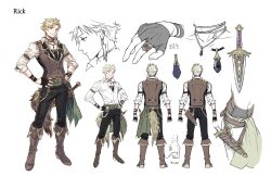 Rule 34 | 1boy, arm belt, belt, black gemstone, black gloves, black pants, black shirt, black vest, blonde hair, blue eyes, boots, brown belt, brown footwear, chain, character name, character sheet, closed mouth, commentary, cropped shoulders, cross, dagger, earrings, fake tail, fingerless gloves, from behind, from side, full body, gloves, grey gloves, hands on own hips, highres, jewelry, knife, korean text, lapels, lineart, looking at viewer, looking down, looking to the side, male focus, multicolored vest, multiple views, necklace, nishita, open collar, original, ornate weapon, pants, pants tucked in, pendant, profile, sheath, sheathed, shirt, shirt tucked in, simple background, sleeves past elbows, sleeves rolled up, smile, standing, symbol-only commentary, tail, undershirt, vest, waistcoat, weapon, white background, white shirt