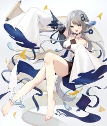 Rule 34 | 1girl, :d, arm up, bare legs, bare shoulders, barefoot, commentary request, detached sleeves, dress, full body, genshin impact, grey eyes, grey hair, guizhong (genshin impact), hair ornament, highres, honotai, looking at viewer, open mouth, parted bangs, short hair with long locks, sleeveless, sleeveless dress, sleeves past fingers, sleeves past wrists, smile, solo, tassel, tassel hair ornament, white dress, white sleeves, wide sleeves