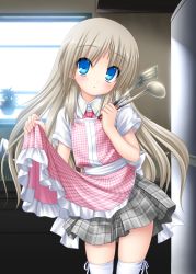Rule 34 | 1girl, apron, apron lift, blue eyes, blush, clothes lift, collared shirt, floating hair, frilled apron, frills, grey skirt, highres, holding, indoors, kitchen, kud wafter, lifted by self, little busters!, long hair, miniskirt, na-ga, no headwear, noumi kudryavka, official art, pink apron, pink neckwear, plaid, plaid skirt, pleated skirt, school uniform, shirt, short sleeves, silver hair, skirt, solo, standing, thighhighs, very long hair, white shirt, wing collar