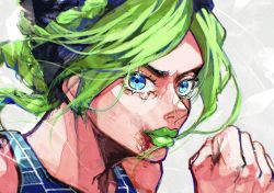 Rule 34 | 1girl, black hair, blood, blood from mouth, blue eyes, braid, clenched hand, closed mouth, double bun, green hair, green lips, hair bun, highres, jojo no kimyou na bouken, kuujou jolyne, looking at viewer, messy hair, multicolored hair, natchan blue (nanairopenki), patterned clothing, smirk, solo, stone ocean, tank top, tearing up, tears, two-tone hair