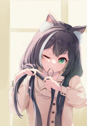 Rule 34 | 1girl, animal ear fluff, animal ears, black hair, blurry, blurry background, brown shirt, cat ears, closed mouth, collared shirt, commentary request, green eyes, hair tie, hair tie in mouth, highres, karyl (princess connect!), long hair, long sleeves, looking at viewer, mouth hold, multicolored hair, one eye closed, pajamas, princess connect!, shijima (shizima 03), shirt, solo, streaked hair, tying hair, upper body, window