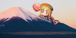 Rule 34 | blonde hair, coat, collared jacket, fate/grand order, fate (series), giant, giantess, gloves, green coat, green headwear, green jacket, highres, jacket, mountain, official art, paul bunyan (fate), photo background, riyo (lyomsnpmp), shovel, solo, yellow eyes