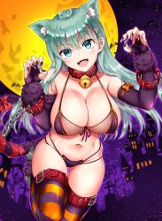 Rule 34 | 1girl, akizuki akina, animal ears, aqua hair, bell, bikini, blue eyes, blush, breasts, cat ears, cat tail, chain, claw pose, collar, collarbone, elbow gloves, fangs, fingernails, full moon, fur, gloves, hair ornament, hairclip, halloween, halloween costume, highres, jingle bell, kantai collection, large breasts, leg up, long fingernails, long hair, looking at viewer, moon, multi-strapped bikini, nail polish, navel, neck bell, night, open mouth, orange thighhighs, purple bikini, purple nails, purple thighhighs, shiny skin, skindentation, smile, solo, stomach, striped clothes, striped thighhighs, suzuya (kancolle), swimsuit, tail, thigh strap, thighhighs, thighs, two-tone legwear