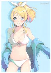 Rule 34 | 1girl, 6u (eternal land), absurdres, ayase eli, bare shoulders, bikini, blonde hair, blue background, blue eyes, blue sweater, blush, bow, breasts, cleavage, collarbone, hair bow, highres, jacket, long hair, looking at viewer, love live!, love live! school idol festival, love live! school idol project, medium breasts, navel, off shoulder, open mouth, out of frame, outside border, ponytail, side-tie bikini bottom, simple background, smile, solo, sweater, swimsuit, thigh gap, white bikini, white bow