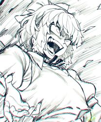 Rule 34 | 1girl, bow, cirno, greyscale, hair bow, highres, monochrome, open mouth, short hair, short sleeves, solo, spacezin, speed lines, teeth, tongue, touhou, upper body
