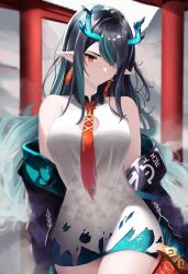 Rule 34 | 1girl, arknights, bare shoulders, black hair, black jacket, colored skin, cowboy shot, dragon girl, dragon horns, dragon tail, dress, dusk (arknights), earrings, expressionless, gradient skin, green skin, hair over one eye, highres, horns, jacket, jewelry, long hair, necktie, off shoulder, open clothes, open jacket, pointy ears, red necktie, sleeveless, sleeveless dress, tail, tassel, tassel earrings, yan kodiac