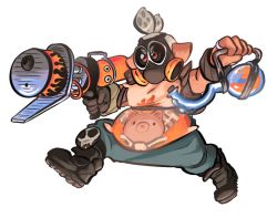 Rule 34 | 1boy, blue pants, brown gloves, commentary, cosplay, costume, funkgamut, gas mask, gloves, grey hair, gun, holding, holding weapon, inkling player character, jewelry, male focus, mask, nintendo, overwatch, overwatch 1, pants, pillow, pointy ears, red eyes, ring, roadhog (overwatch), roadhog (overwatch) (cosplay), simple background, skull print, solo, splatoon (series), splatoon 1, tattoo, tentacle hair, weapon, white background