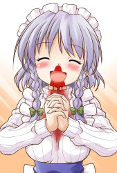 Rule 34 | 1girl, akou roushi, alternate costume, apron, blood, blush, bow, braid, breasts, closed eyes, female focus, grey hair, hair bow, izayoi sakuya, nosebleed, open mouth, own hands clasped, own hands together, ribbed sweater, short hair, simple background, smile, solo, sweater, touhou, turtleneck, twin braids, upper body