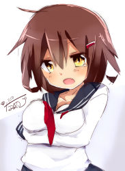 Rule 34 | 10s, 1girl, alternate breast size, bad id, bad pixiv id, blush, breast hold, breasts, brown hair, fang, hair ornament, hairclip, highres, ikazuchi (kancolle), kantai collection, looking at viewer, namekuji (namekuzu), neckerchief, open mouth, red neckerchief, school uniform, serafuku, skirt, solo, standing, tears, upper body, yellow eyes