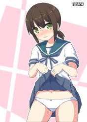 Rule 34 | 1girl, artist name, blouse, blue neckerchief, blue sailor collar, blue skirt, blush, bow, bow panties, brown hair, closed mouth, clothes lift, cowboy shot, crotch seam, frown, fubuki (kancolle), gluteal fold, green eyes, hair tie, highres, kantai collection, lifting own clothes, looking at viewer, medium hair, miniskirt, navel, neckerchief, one-hour drawing challenge, outline, panties, pepatiku, pleated skirt, sailor collar, school uniform, serafuku, shirt, short ponytail, short sleeves, signature, skirt, skirt lift, solo, standing, underwear, wavy mouth, white outline, white panties, white shirt