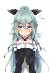 Rule 34 | 10s, 1girl, absurdres, aqua hair, black dress, blue eyes, blush, detached sleeves, dress, hair between eyes, hair flaps, hair ornament, hair ribbon, hairclip, hands on own chest, highres, kantai collection, long hair, long sleeves, looking at viewer, ponytail, ribbon, shun (syun y1117), simple background, solo, upper body, white background, wide sleeves, yamakaze (kancolle)