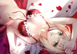 Rule 34 | 10s, 1girl, arm up, bare arms, bare shoulders, bed sheet, blonde hair, bottomless, bra, breasts, closed mouth, collarbone, commentary, dutch angle, fate/extra, fate (series), fingernails, front-tie bra, green eyes, groin, hand up, long hair, looking at viewer, lying, medium breasts, nail polish, navel, nero claudius (fate), nero claudius (fate), nero claudius (fate/extra), on back, open bra, out-of-frame censoring, petals, pink nails, red bra, revision, rose petals, sidelocks, solo, underwear, underwear only, open bra, yan (nicknikg)