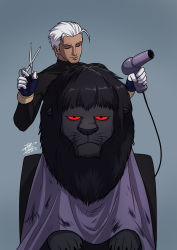 Rule 34 | 1boy, cutting hair, closed eyes, glaugan, gloves, grey background, hair dryer, highres, holding, lion, long sleeves, looking at viewer, male focus, red eyes, scissors, short hair, simple background, tanzong830, the king of fighters, white hair, zero (kof)