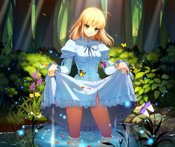 Rule 34 | 1girl, ahoge, animal, artoria pendragon (all), artoria pendragon (fate), bare legs, blonde hair, blue bow, blue bowtie, bow, bowtie, breasts, bug, bush, butterfly, clothes lift, colorful, daisy, dappled sunlight, dress, dress lift, fate/stay night, fate (series), flower, flower request, forest, frilled dress, frills, grass, green eyes, insect, juliet sleeves, lifted by self, light rays, light smile, long sleeves, medium breasts, nature, official alternate costume, outdoors, parted lips, plant, pond, puffy sleeves, rock, saber (fate), short hair, skirt hold, smile, solo, sunlight, tareme, teeth, vmax-ver, wading