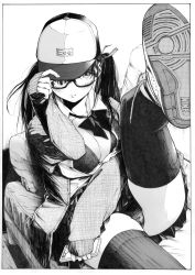 Rule 34 | 1girl, :t, absurdres, adjusting clothes, adjusting headwear, baseball cap, blush, border, bow, bowtie, bra, breasts, cardigan, cellphone, cleavage, closed mouth, commentary, couch, crotch seam, dress shirt, foreshortening, frown, gagaimo, greyscale, hair ribbon, hat, highres, holding, holding phone, leg up, legs, lips, long hair, long sleeves, looking at viewer, loose bowtie, lying, medium breasts, miniskirt, monochrome, nike (company), on back, open cardigan, open clothes, open shirt, original, panties, pantyshot, phone, pleated skirt, pout, print headwear, ribbon, school uniform, shirt, shoes, skirt, smartphone, sneakers, solo, thighhighs, two side up, underwear