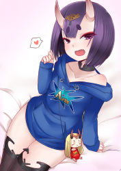 Rule 34 | 1girl, :d, arm at side, bare shoulders, bed sheet, black choker, black thighhighs, blush, character doll, choker, clothes writing, collarbone, dress, eyeliner, fangs, fate/grand order, fate (series), gradient background, headpiece, hood, hood down, hooded sweater, horns, ibaraki douji (fate), long sleeves, looking at viewer, makeup, off shoulder, open mouth, pink background, pocket, purple eyes, purple hair, senbon tsuki, short hair, shuten douji (fate), sitting, skin-covered horns, sleeves past wrists, smile, solo, sweater, sweater dress, thick eyebrows, thighhighs, zettai ryouiki