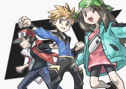 Rule 34 | 1girl, 2boys, :d, baseball cap, bike shorts, black shirt, black wristband, blue oak, blue oak (sygna suit), buttons, clenched hand, clenched hands, clenched teeth, closed mouth, coat, creatures (company), donnpati, game freak, green coat, hat, highres, jewelry, knees, leaf (pokemon), leaf (sygna suit) (pokemon), legs apart, long hair, long sleeves, multiple boys, necklace, nintendo, official alternate costume, open clothes, open coat, open mouth, orange hair, pants, parted lips, pink shirt, pokemon, pokemon masters ex, red (pokemon), red (sygna suit) (pokemon), shirt, sleeveless, sleeveless coat, smile, spiked hair, teeth, tongue, zipper, zipper pull tab