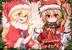 Rule 34 | 2girls, absurdres, ascot, blonde hair, christmas, clownpiece, cowboy shot, dated, flandre scarlet, fur trim, hat, heart, heart hands, highres, medium hair, merry christmas, multiple girls, open mouth, red eyes, santa costume, santa hat, scarf, side ponytail, top-exerou, touhou, yellow ascot