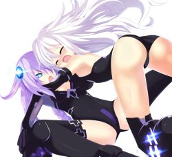 Rule 34 | 10s, 2girls, :o, armpits, ass, bare shoulders, bent over, black heart (neptunia), black legwear, blue eyes, blush, braid, breasts, cleavage, cleavage cutout, closed eyes, clothing cutout, covered navel, elbow gloves, female focus, flipped hair, floating hair, from side, glomp, gloves, glowing, hair between eyes, hug, leotard, long hair, lying, magical girl, multiple girls, neon trim, neptune (neptunia), neptune (series), noire (neptunia), nose blush, on back, open mouth, purple eyes, purple hair, purple heart (neptunia), raised eyebrows, simple background, spread legs, symbol-shaped pupils, thighhighs, transparent background, twin braids, very long hair, wavy hair, white background, white hair, yuri