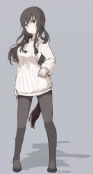 Rule 34 | 1girl, bad id, bad twitter id, black hair, black pantyhose, blue eyes, dog tail, elizabeth f. beurling, full body, hand on own hip, long hair, long sleeves, magryo763, pantyhose, ribbed sweater, simple background, solo, standing, strike witches, sweater, tail, world witches series