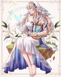 Rule 34 | ai tkkm, anklet, barefoot, bracelet, bug, butterfly, choker, corrin (female) (fire emblem), corrin (fire emblem), detached sleeves, dress, earrings, fire emblem, fire emblem fates, fire emblem heroes, flower, hairband, harp, highres, insect, instrument, jewelry, long hair, nintendo, official alternate costume, pointy ears, red eyes, strapless, strapless dress