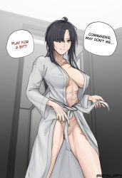 Rule 34 | 1girl, absurdres, angelia (girls&#039; frontline), artist name, bathrobe, black hair, breasts, collarbone, commentary, covered erect nipples, english commentary, english text, feet out of frame, girls&#039; frontline, grey eyes, hair over one eye, highres, long hair, looking at viewer, matsu arts, medium breasts, no bra, no panties, open clothes, open mouth, open robe, robe, scar, scar on face, scar on leg, scar on stomach, simple background, smile, solo, standing, twitter username, white bathrobe