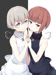 Rule 34 | 10s, 2girls, black vs white, blue eyes, brown eyes, brown hair, holding hands, jewelry, kantai collection, multiple girls, necklace, no headwear, no headwear, short hair, silver hair, simple background, smile, sui (tsuruhibiki), wings, z1 leberecht maass (kancolle), z3 max schultz (kancolle)