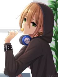 Rule 34 | 1girl, artist name, bad id, bad pixiv id, black hoodie, blurry, blurry background, brown hair, candy, chain, depth of field, earrings, elbow rest, expressionless, food, green eyes, head tilt, headphones, headphones around neck, highres, holding, holding candy, holding food, holding lollipop, hood, hoodie, idolmaster, idolmaster cinderella girls, indoors, jewelry, kimura natsuki, kusaka24, lollipop, long sleeves, looking at viewer, plant, potted plant, short hair, sitting, stud earrings, studded bracelet, symbol-only commentary, window