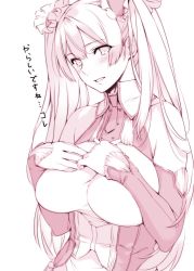 Rule 34 | 1girl, bare shoulders, breasts, detached sleeves, hands on own chest, large breasts, monochrome, original, sasaoka gungu, solo, translated, twintails