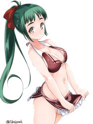 Rule 34 | 1girl, bikini, bikini skirt, black bikini, breasts, cleavage, commentary request, cowboy shot, green eyes, green hair, hair ribbon, highres, irako (kancolle), kantai collection, large breasts, long hair, official alternate costume, ponytail, ribbon, simple background, smile, solo, swimsuit, takase muh, white background