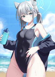 Rule 34 | 1girl, absurdres, animal ear fluff, animal ears, beach, beru3, black jacket, black one-piece swimsuit, blue archive, blue eyes, blue sky, bottle, breasts, cloud, competition swimsuit, covered navel, cross hair ornament, day, expressionless, extra ears, grey hair, hair ornament, halo, highres, horizon, jacket, looking at viewer, low ponytail, medium breasts, medium hair, mismatched pupils, multicolored clothes, multicolored swimsuit, ocean, one-piece swimsuit, outdoors, shiroko (blue archive), shiroko (swimsuit) (blue archive), sky, swimsuit, wolf ears