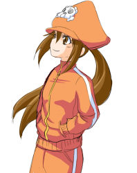 Rule 34 | 1girl, brown eyes, brown hair, casual, guilty gear, hands in pockets, hat, long hair, may (guilty gear), orange hat, orange shirt, pirate hat, poncocchan, ponytail, shirt, smile, solo, track suit