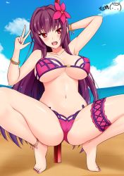 Rule 34 | 1girl, 2017, artist name, bad id, bad pixiv id, barefoot, beach, bikini, blue sky, bracelet, breasts, cleavage, cloud, dated, day, fate/grand order, fate (series), flower, hair flower, hair ornament, hibiscus, horizon, jewelry, large breasts, long hair, looking at viewer, nail polish, navel, open mouth, outdoors, pink bikini, ppshex, purple hair, red eyes, scathach (fate), scathach (fate), scathach (swimsuit assassin) (fate), sky, solo, spread legs, squatting, swimsuit, thigh strap, underboob, v