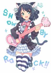 Rule 34 | 10s, 1girl, animal ears, bell, black hair, blush, cat ears, cat tail, curly hair, cyan (show by rock!!), gothic lolita, green eyes, guitar, highres, instrument, kame^^, lolita fashion, looking at viewer, open mouth, short hair, show by rock!!, simple background, smile, solo, striped clothes, striped thighhighs, tail, thighhighs