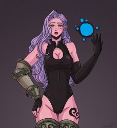 Rule 34 | 1girl, alternate universe, armor, bare shoulders, cleavage cutout, breasts, female focus, gloves, highres, jericho (nanatsu no taizai), large breasts, long hair, looking at viewer, magic, nanatsu no taizai, official alternate costume, aged up, orb, purple hair, solo, sword, tattoo, thighhighs, weapon, yellow eyes