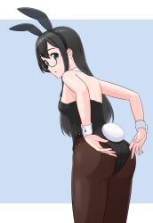 Rule 34 | 1girl, adjusting clothes, adjusting leotard, animal ears, black leotard, black pantyhose, breasts, commentary request, detached collar, geometrie, glasses, green eyes, highres, kantai collection, leaning forward, leotard, long hair, looking back, ooyodo (kancolle), pantyhose, playboy bunny, rabbit ears, rabbit tail, semi-rimless eyewear, small breasts, solo, tail, under-rim eyewear, wrist cuffs