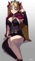 Rule 34 | 1girl, absurdres, alternate breast size, black dress, blonde hair, breasts, cape, cleavage, detached collar, dress, earrings, ereshkigal (fate), fate/grand order, fate (series), gold trim, hair ribbon, highres, hood, hooded cape, hoop earrings, jewelry, kurozawa yui, large breasts, long hair, looking at viewer, parted bangs, red eyes, ribbon, short dress, single sleeve, single thighhigh, skull, solo, spine, thighhighs, thighs, tiara, two side up