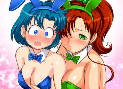 Rule 34 | 1990s (style), 2girls, animal ears, bare shoulders, bishoujo senshi sailor moon, blue eyes, blue hair, blush, bow, bowtie, grabbing another&#039;s breast, breasts, brown hair, cleavage, detached collar, earrings, embarrassed, fake animal ears, female focus, grabbing, green eyes, hair bobbles, hair ornament, hairband, hug, hug from behind, jewelry, kino makoto, large breasts, medium breasts, mizuno ami, multiple girls, naughty face, no nose, o o, open mouth, pirochi, playboy bunny, ponytail, rabbit ears, retro artstyle, sailor jupiter, sailor mercury, short hair, surprised, sweatdrop, wing collar, yuri