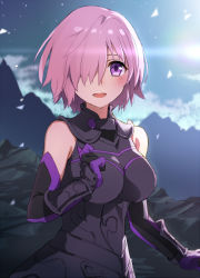 Rule 34 | 1girl, :d, arm guards, armored leotard, bare shoulders, black gloves, black leotard, blue sky, blush, breasts, cloud, commentary request, day, fate/grand order, fate (series), gloves, hair over one eye, large breasts, leotard, mash kyrielight, mountain, multicolored clothes, multicolored gloves, open mouth, outdoors, pink hair, purple eyes, purple gloves, sky, smile, solo, tsuezu
