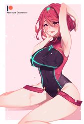 Rule 34 | 1girl, arm behind back, armpits, blush, breasts, competition swimsuit, covered navel, hand on own face, large breasts, looking at viewer, nanoless, nintendo, one-piece swimsuit, open mouth, pyra (pro swimmer) (xenoblade), pyra (xenoblade), red eyes, red hair, short hair, sitting, smile, solo, swimsuit, tiara, wariza, water drop, xenoblade chronicles (series), xenoblade chronicles 2, yandere trance