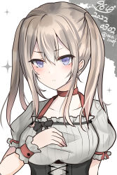 Rule 34 | 1girl, 9610 (kuroto), absurdres, alternate costume, blonde hair, blouse, bodice, breasts, dirndl, german clothes, graf zeppelin (kancolle), grey eyes, hair between eyes, hand on own chest, highres, kantai collection, large breasts, one-hour drawing challenge, shirt, sidelocks, solo, tsurime, twintails, wrist cuffs
