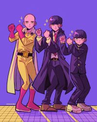 Rule 34 | 3boys, bald, black coat, black hair, black jacket, black pants, bling-bang-bang-born (creepy nuts), boots, bowl cut, brown footwear, capelet, coat, collared shirt, commentary, crossover, dancing, english commentary, facial mark, full body, gakuran, gloves, highres, jacket, jitome, jumpsuit, kageyama shigeo, knee boots, long sleeves, looking at viewer, male focus, mash burnedead, mashle, mob psycho 100, multiple boys, multiple crossover, necktie, one-punch man, pants, red footwear, red gloves, red necktie, saitama (one-punch man), school uniform, shirt, shoes, short hair, simple background, sparkle, spookiiro, standing, symmetrical pose, tile floor, tiles, trait connection, white capelet, white footwear, white shirt, yellow jumpsuit