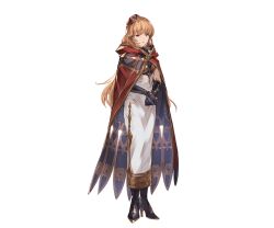 Rule 34 | 1girl, black footwear, black gloves, blonde hair, boots, breasts, cape, dress, elbow gloves, full body, gloves, granblue fantasy, hat, high heel boots, high heels, long hair, minaba hideo, official art, promethea (granblue fantasy), solo, third-party source, transparent background