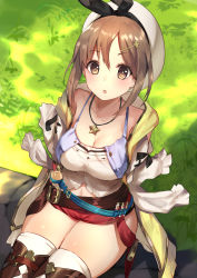 Rule 34 | 1girl, arms behind back, atelier (series), atelier ryza, atelier ryza 1, belt, blush, breasts, brown eyes, brown hair, cleavage, collarbone, commentary request, hair ornament, hairclip, hat, highres, jewelry, large breasts, looking at viewer, necklace, open mouth, red shorts, reisalin stout, short shorts, shorts, sitting, solo, star (symbol), star necklace, test tube, thighhighs, thighs, white hat, white thighhighs, yoshizawa tsubaki