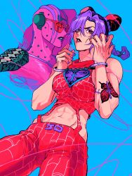 Rule 34 | 1girl, bad id, bad twitter id, bare arms, bare shoulders, blue background, braid, braided ponytail, bug, butterfly, butterfly tattoo, cowboy shot, cuffs, double bun, eyeshadow, fingernails, hair bun, handcuffs, hands up, highres, insect, jojo no kimyou na bouken, kuujou jolyne, kzknmkz, lipstick, looking at viewer, makeup, mascara, multicolored hair, nail polish, open mouth, ponytail, purple hair, purple nails, red eyes, red lips, simple background, solo, stomach, stone free, stone ocean, string, tattoo, toned, two-tone hair, unraveling