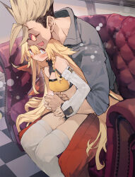 Rule 34 | 1boy, 1girl, amunero (kyouka jinrui amunero), blonde hair, blush, braid, breasts, checkered floor, cleavage, closed eyes, couch, detached sleeves, grey shirt, hetero, highres, hyocorou, kyouka jinrui amunero, long hair, medium breasts, multicolored hair, on couch, open mouth, orange eyes, pants, pregnant, red pants, round eyewear, shirt, side braid, sitting, sitting on lap, sitting on person, spiked hair, sunglasses, thighhighs, very long hair, white thighhighs