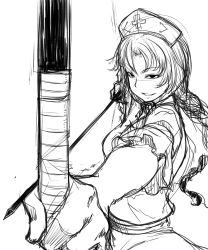 Rule 34 | 1girl, archery, arrow (projectile), bakuya, black eyes, bow, bow (weapon), drawing bow, evil grin, evil smile, foreshortening, greyscale, grin, hat, highres, holding, holding bow (weapon), holding weapon, long hair, monochrome, nurse cap, ponytail, simple background, sketch, smile, solo, touhou, very long hair, weapon, white background, yagokoro eirin