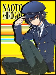 Rule 34 | 1girl, androgynous, artist request, atlus, blue hair, cabbie hat, collar, crossdressing, female focus, hand on headwear, hat, jacket, looking at viewer, pants, persona, persona 4, reverse trap, shirogane naoto, short hair, sitting, solo