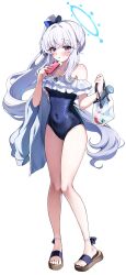 Rule 34 | 1girl, absurdres, bare shoulders, blue archive, blush, bow, breasts, full body, hair bow, halo, highres, long hair, looking at viewer, miyako (blue archive), miyako (swimsuit) (blue archive), one-piece swimsuit, ponytail, purple eyes, sak (lemondisk), sandals, sidelocks, simple background, small breasts, solo, standing, swimsuit, white background, white hair